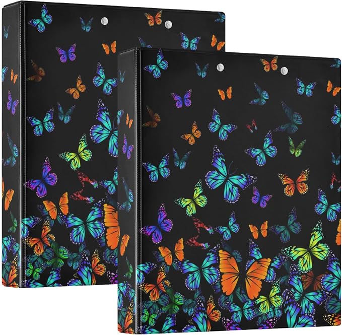 Butterfly Black Round Ring Binders 1.5 Inch Orange Purple Turquoise 3 Ring Clipboard Binder for Office School Work Supplies File Folder Document 200 Sheet Capacity Easy Open