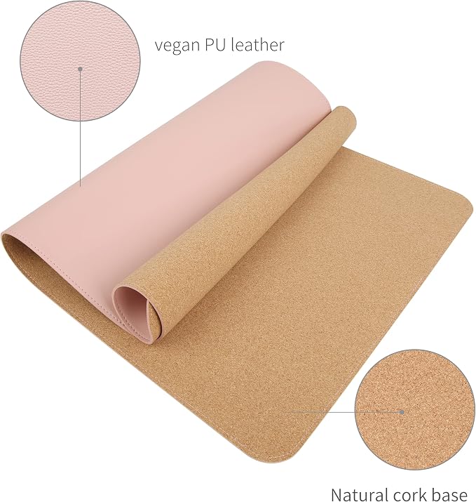 RENMTURE Dual-Sided Mouse Pad, Natural Cork & PU Leather Large Desk Pad for Office and Home Work, Desk Protector Non-Slip, Waterproof, Easy Clean (Pink, 32"x16")