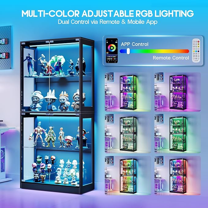 AMERLIFE 32-Inch RGB Display Cabinet with Glass Shelves | 70 H x 32 W x 16 D In, 4-Tier Storage, RGB LED Lights, Press-to-Open Doors, for Collectibles, Black