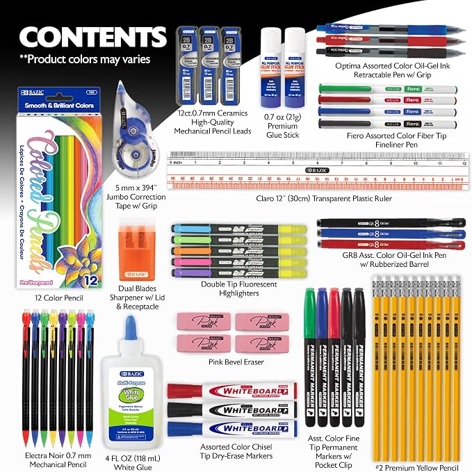 BAZIC PRODUCTS 66-Piece Back to School Supplies Kit | Bundles writing, Coloring, Correction, Desk tools in, For school and office use