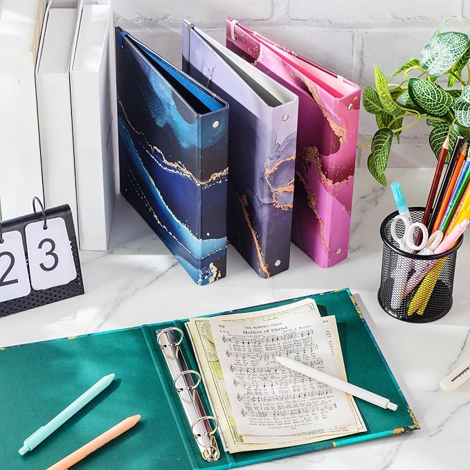 Colarr 4 Pcs Mini 3 Ring Economy Binders for 5.5" x 8.5" Paper for School, Office and Home Use, Cute Marble Small 1 Inch Round Three Ring A5 Binders with Elastic Cord, Decorative Hardcover