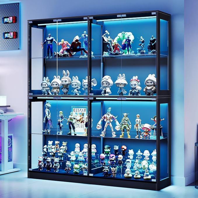 AMERLIFE 60-Inch RGB Display Cabinet with Glass Shelves | 70 H x 60 W x 16 D In, 4-Tier Storage, RGB LED Lights, Press-to-Open Doors, for Collectibles, Black