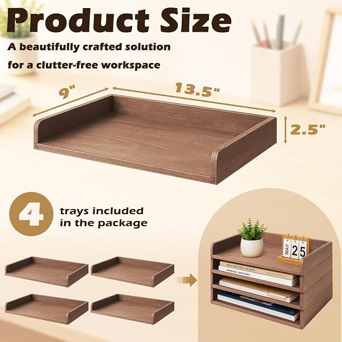 4 Pack Stackable Paper Tray, Wooden Paper Tray Organizer with Letter Tray, Paper Holder for Desk, Desktop File Storage Rack for Study, Home and Office (Walnut)