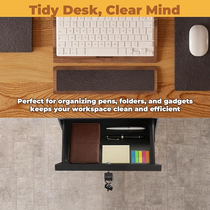 16in Under Desk Drawer with Lock Pull Out Storage Organizer | Carbon steel under desk drawer with lock,smooth slide rails, adjustable mounting height, supports up to 33 lb