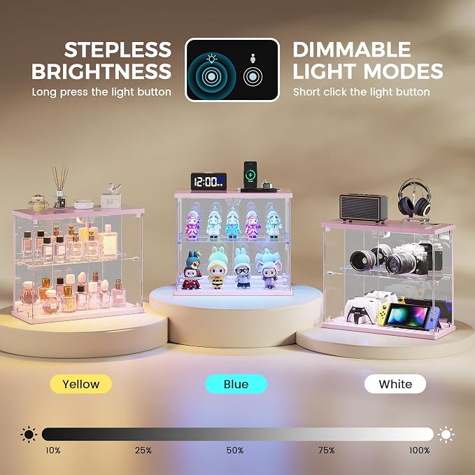 Dystler 2pc Glass Display Case with LED Lights, Small 2-Tier for Figures | Lighted Display Cabinet with Motion Sensor, Clear Tempered Glass Door, USB-C Charging Hub for Collectibles, Rocks, Tabletop