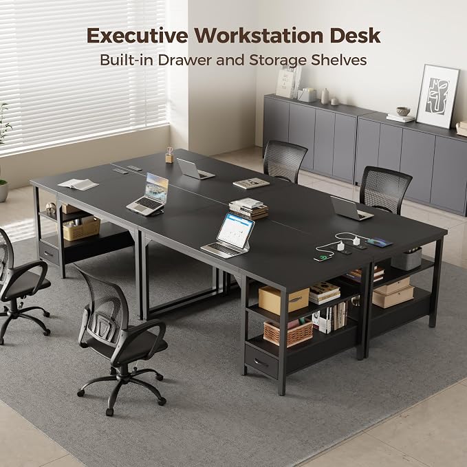 63" Computer Desk with Drawer, 1.2" Thick Reversible Office Desk | Modern Writing Table with Power Outlets & Storage Shelves, Heavy Duty Industrial Executive Desk for Home Bedroom Study Work