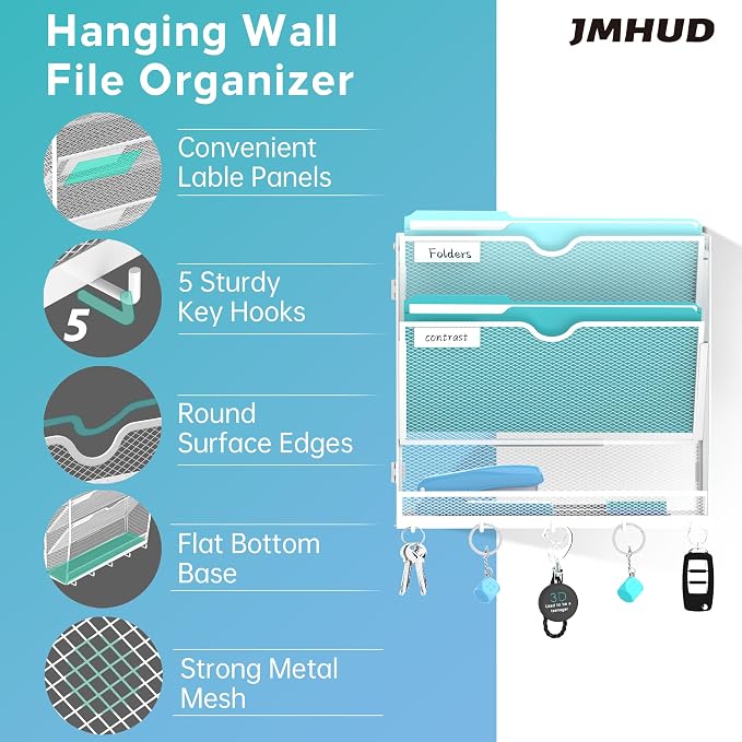 3-Tier Wall File Organizer and Mail Organizer with 5 Hooks, White | Label slots, curved openings, 5 key hooks, and a bottom tray support organized mail, file, and everyday item storage.