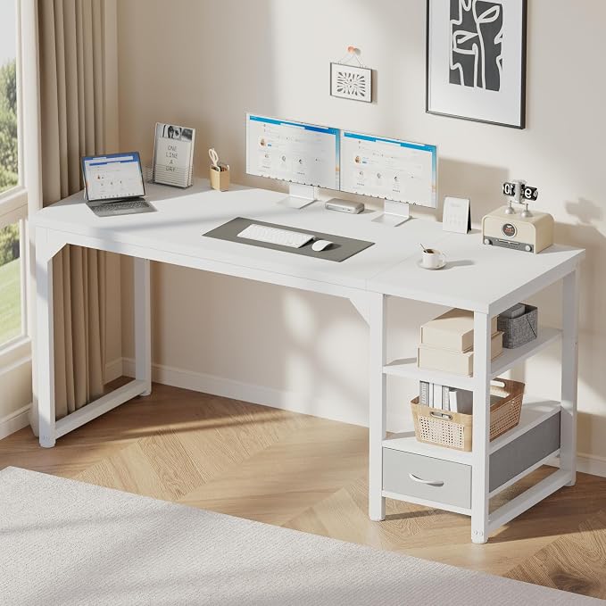 63 in Computer Desk with Drawer, 1" Thick Reversible Office Desk | Large Modern Writing Table with Storage Shelves, Heavy Duty Industrial Executive Desk for Home Bedroom Study Work