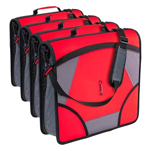 Case-it King Sized Zip Tab School Zipper Binder 4-Inch D-Rings,800 Sheet Capacity,5-Subject Expanding File Folder, Multiple Pockets & Storage Organizer,Shoulder Strap D-186 Fire Engine Red(Pack of 4)