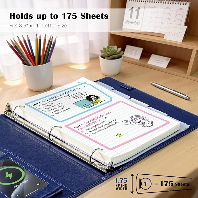 Ospelelf 3 Ring Clipboard Binder with Storage Pouch, 1 Inch Round Ring, Leather Magnetic Clipboard Folder with Notepad (11" x 8.5"), 5 Dividers with 10 Pockets, School Office Binder, Navy Blue