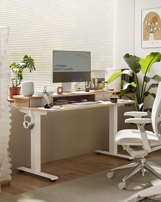 48x24 Inch Electric Standing Desk with Double Drawers, Adjustable Feet & Hooks, Ergonomic Home Office Workstation, Maple