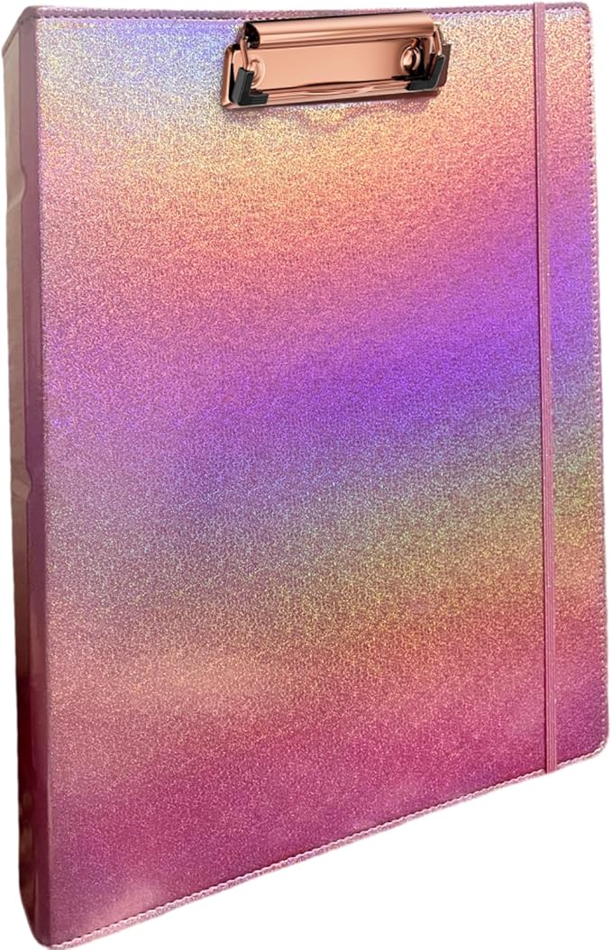 3-Ring Binder 1-inch with Clipboard, Holographic Pink Glitter Design, Including 5 Divider Pages, File Bag and Spine Label - Perfect for Schools, Offices and Organizations
