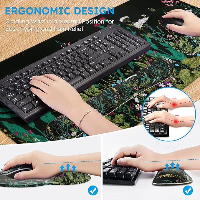 iCasso Floral 4in1 Writing Pad, 35.4"x15.7" Work Mat for Workspace | Aesthetic Ergonomic Desk Pad with Keyboard Wrist Rest, Mousepad Set for Travel Women Classroom Office Workspace Area