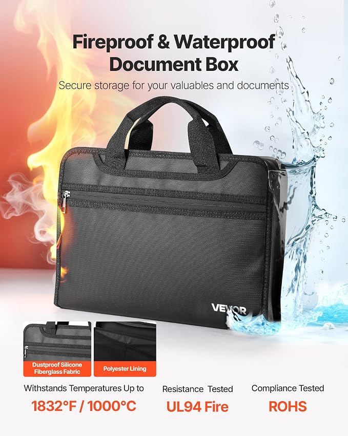 VEVOR Fireproof Document Bag, 1832 ℉ Heat Insulated Fireproof & Waterproof Bag, Portable Multi-Layer File Storage Security Organizer Home Office Travel Use, for Passports, Important Documents, Files