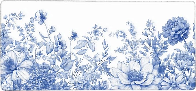 Floral Aesthetic Lotus Gaming Mouse Pad, White Blue Chinoiserie Desk Mat with Anti-Slip Base & Stitched Edges,35.4" x 15.7" in Table Mat for Computer Desktop, Beautiful Workstation Decor