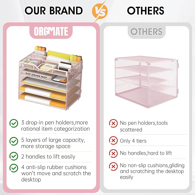 5 Tier Paper Letter Tray Desk Organizer with Pen Holders - Pink | Features 3 pen holders and 4 removable dividers.Versatile mesh desktop storage for mail, document,office supplie