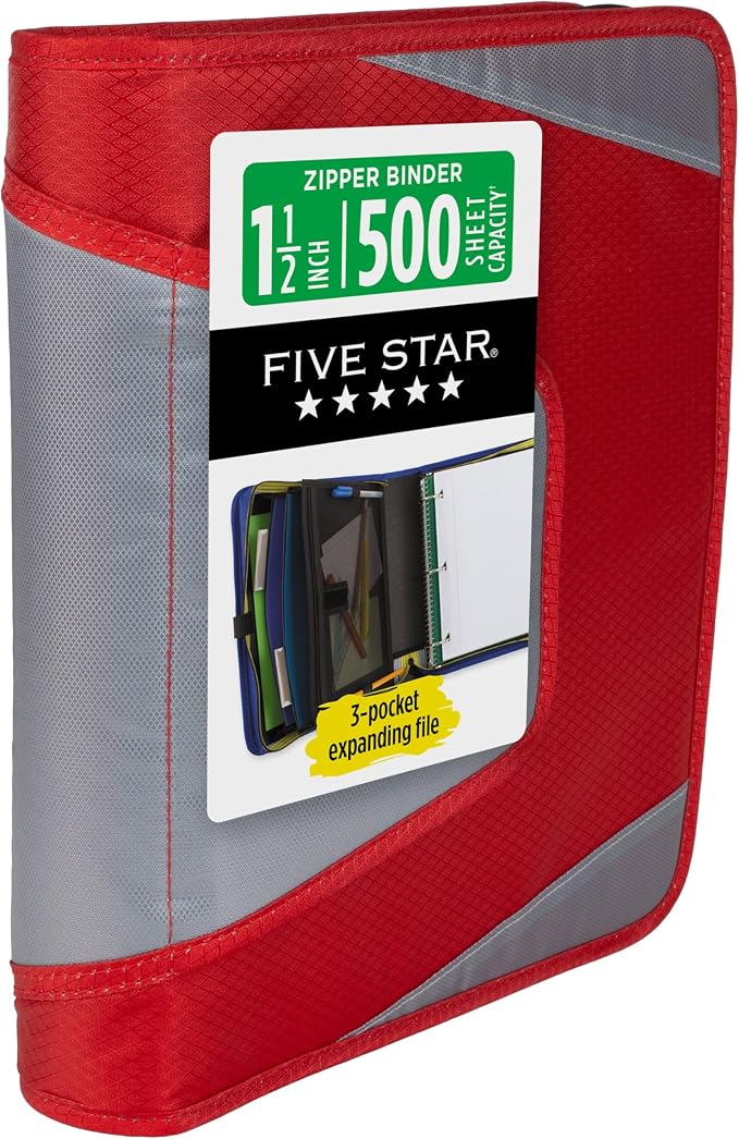 Five Star Zipper Binder 1.5 Inch O-Rings Case Organiser with 3-Pocket Expanding File, 500 Sheet Capacity, Crimson Fade (280146K)