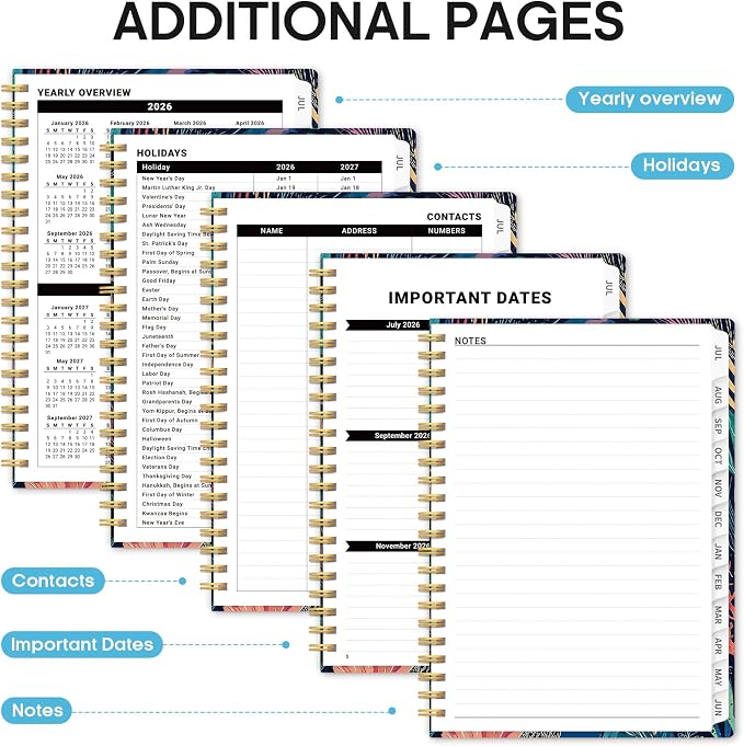 Planner 2026-2027, Monthly & Weekly Jul 2026-Jun 2027 Calendar Book | 6.3" x 8.5", Hardcover Spiral Planner with Tabs, School & Daily Pretty Agenda for Women, Students, Teachers, Ocean Whirl