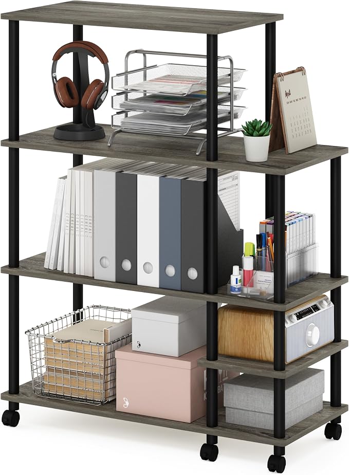 Furinno Turn-N-Tube 4-Tier Wide Toolless Multipurpose Printer Stand Display Storage Shelf with Wheels, French Oak Grey/Black