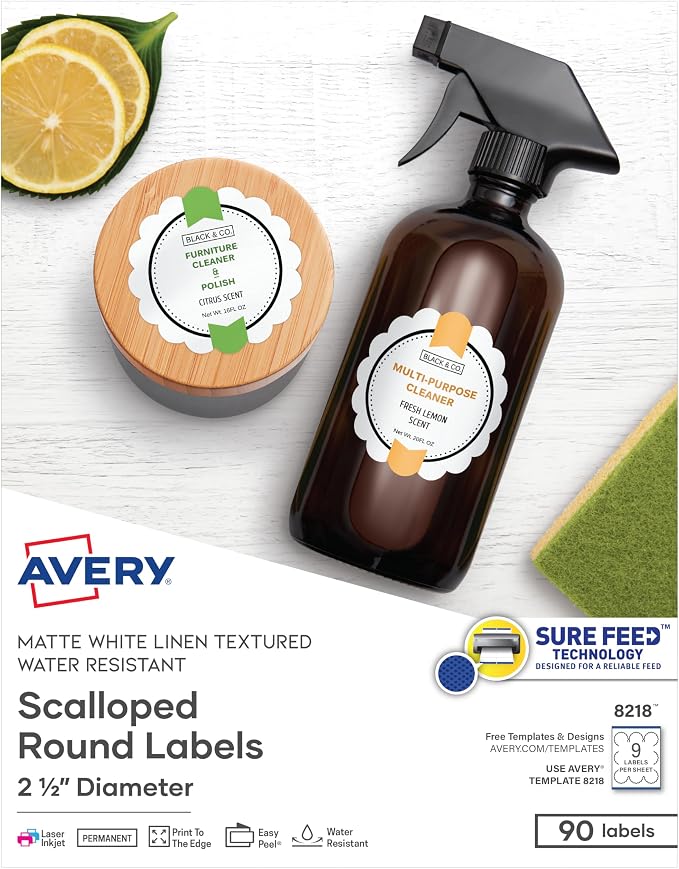 Avery Scallop 2.5 Inch Round Labels with Sure Feed for Laser & Inkjet Printers, 90 White Labels (8218)
