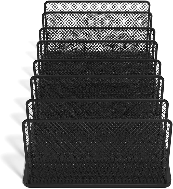 TRU RED Wire Mesh File Organizer, 7‑Compartment, Matte Black, 2‑Pack – Desktop Sorter for Files, Folders & Mail