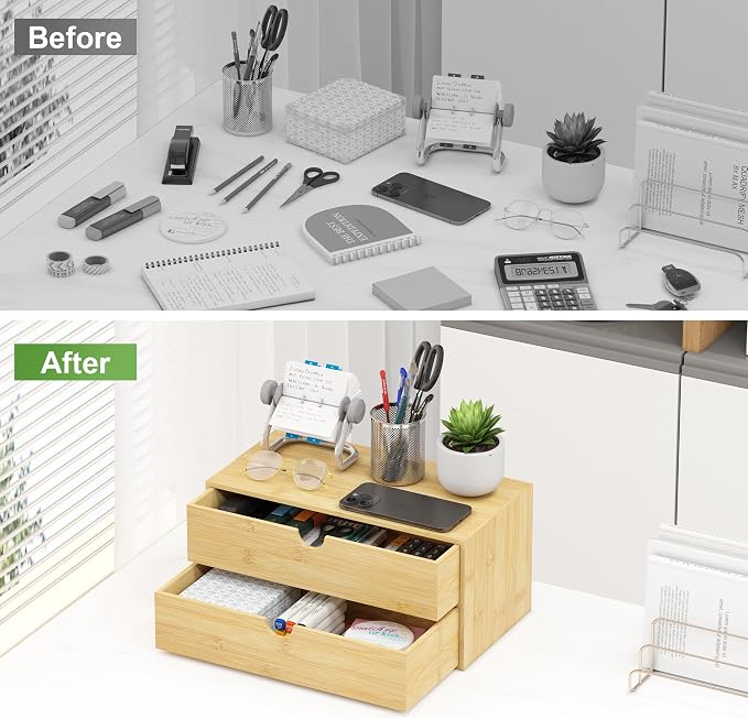 Bamboo Desk Organizer with Drawers, Desktop Storage Box for Office Supplies | 2 Drawers Desktop organizer, No Assembly Required, Natural Wood Wooden Desktop Drawers for Bills, Cosmetics, Seals, Paper
