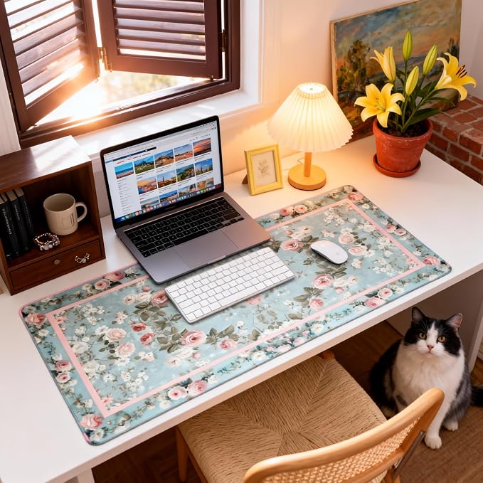 Floral Aesthetic Rose Gaming Mouse Pad, Muted Green Rug Desk Mat with Anti-Slip Base & Stitched Edges,35.4" x 15.7" in Desk Accessories for Women, Home Office Decor & Artistic Gift