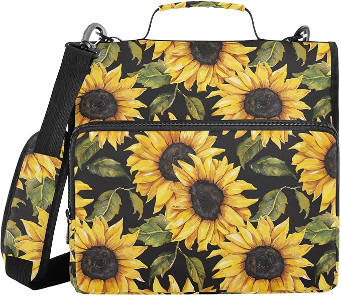Bright Vintage Sunflower Zipper Binder with Shoulder Strap Bag 3 Ring Binder Organizer Large Capacity Multiple Compartments for School Office