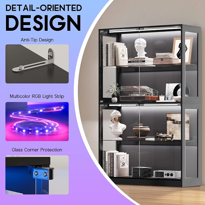AMERLIFE 45-Inch RGB Display Cabinet with Glass Doors | 70 H x 45 W x 16 D In, 4-Tier Storage, Adjustable Glass Shelves, RGB LED Lights, Press-to-Open Doors, Black