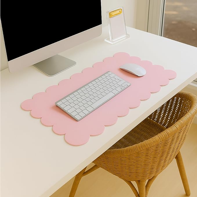 Orelle Pink Scalloped Desk Mat | Vegan Leather Desk Mat for Keyboard and Mouse, Laptop, Makeup Vanity | Computer Desk Pad Mat | Office Desk Cover Mat | Desk Blotter Mat | 30 x 15” | Pink