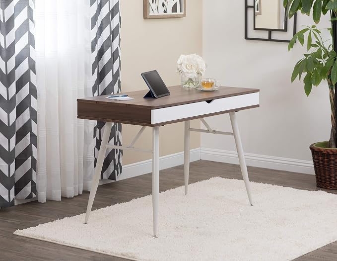 Calico Designs Alcove Modern Desk with Large Split Drawer Storage, White/Chestnut