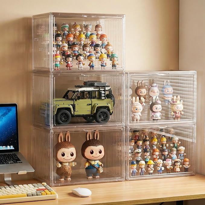 Acrylic Display Case for Collectibles, 4-Tier Clear Display Box with Removable Shelves, Stackable Organizer with Magnetic Door for Figures, 2 Pack