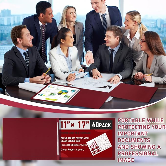 Resurhang 40 Pcs 11x17 Inch Pressboard Report Cover, 3" Capacity Presentation Binder Folder with Metal Prong Paper Fastener to Neatly Bind Reports Proposals Transcripts, Other Documents (Burgundy)