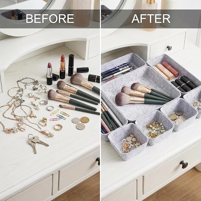 Desk Drawer Organizer Bins, 16pcs Felt Shallow Bathroom Storage Trays, Office Accessories & Workspace Organizers Jewelry & Makeup Boxes Containers(Grey)