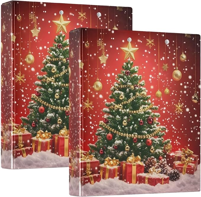 Christmas Tree Gift Box 3 Ring Binder with 2 Interior Pockets 1.5 inch Binders 3 Ring Heavy Duty Fit 8.5" x 11" Letter Size for Office School, 2 Pack