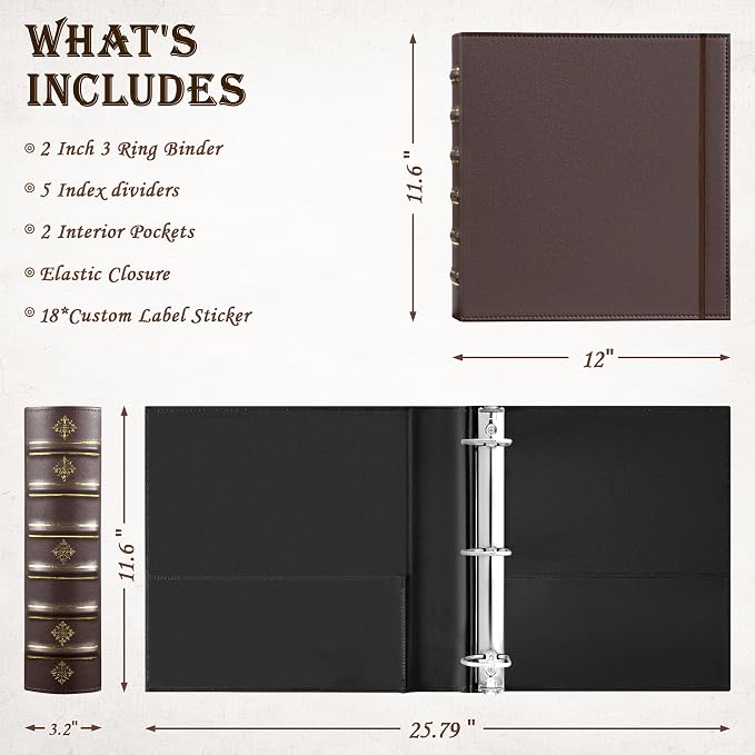Ospelelf Vintage 3 Ring Binder 2 Inch, Leather D Ring Binder with Pockets and 5 Tab Dividers, Hardback Book Style Document Organizer Fits Letter Size for Home and Office Brown