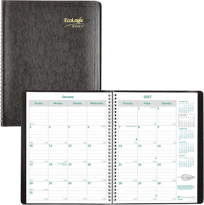 Brownline® 2027 EcoLogix® Monthly Planner, 14 Months, December 2026 to January 2028, Twin-Wire Binding, 11" x 8.5", Black (CB435W.BLK)