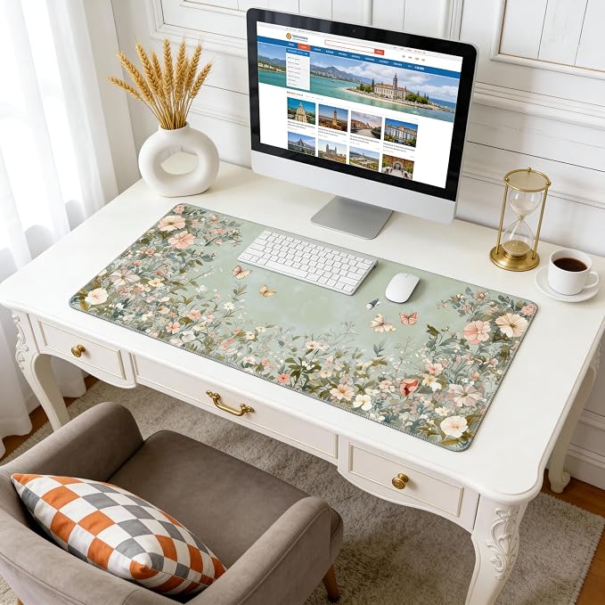 Cute Floral Aesthetic Wildflower Gaming Mouse Pad, Sage Green Macaron Desk Mat with Anti-Slip Base & Stitched Edges, Office & Home Desk Decor for Women, 35.4" x 15.7" in Computer Desktop Mat