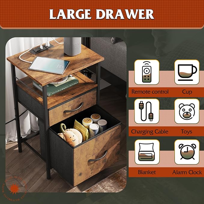 WLIVE Night Stand Set 2, Nightstand with Charging Station, Bedside Tables for Bedroom, Side Table with Fabric Drawers, USB Ports and Outlets, Rustic Brown