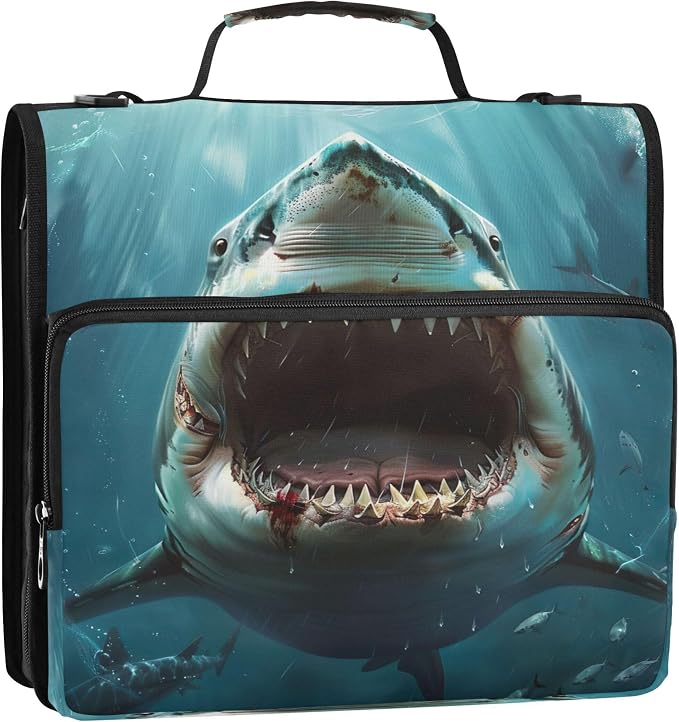 3 Ring Zipper Binder Shark Binder Organizer Portfolio with File and Shoulder Strap & Handle Large Capacity File Folder
