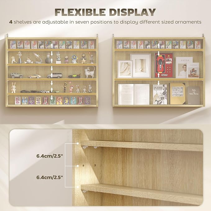 HOMCOM 5-Tier Wall Mounted Display Cabinet Glass Doors 60x80cm Oak | Display Case, 4 Adjustable Shelves, for Home Office Ornaments