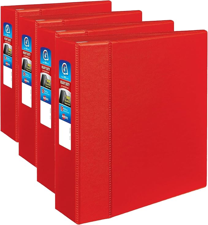 Avery Heavy-Duty 3 Ring Binder, 4 Inch One Touch EZD Rings, 4.5 Inch Spine, 1 Red Binder (79584) (Pack of 4)