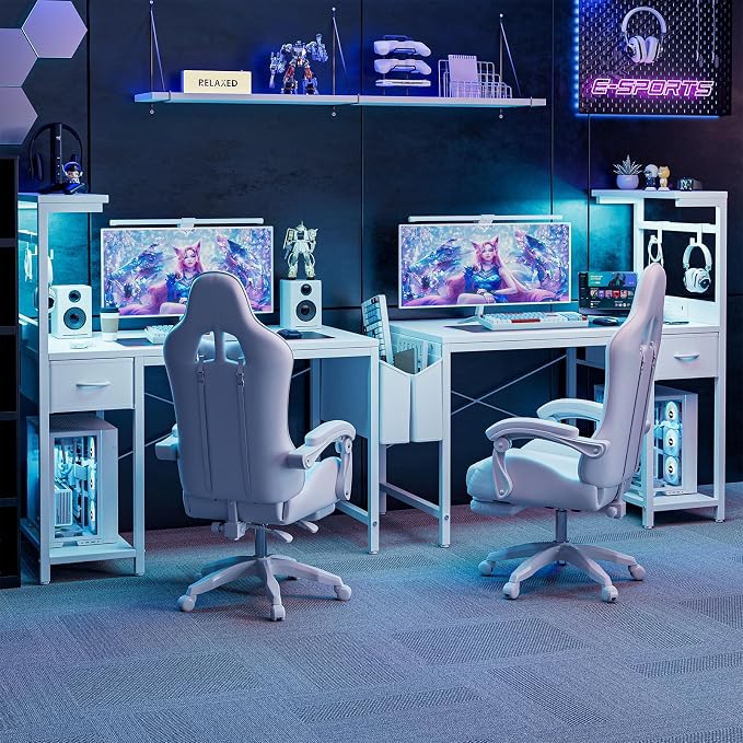 Grandder Gaming Desk 47 Inch with Power Outlet and LED Light, Computer Desk with Reversible Shelves and Storage Drawer, Pc Small Desk for Home Office Table with Bag, Carbon Fiber White