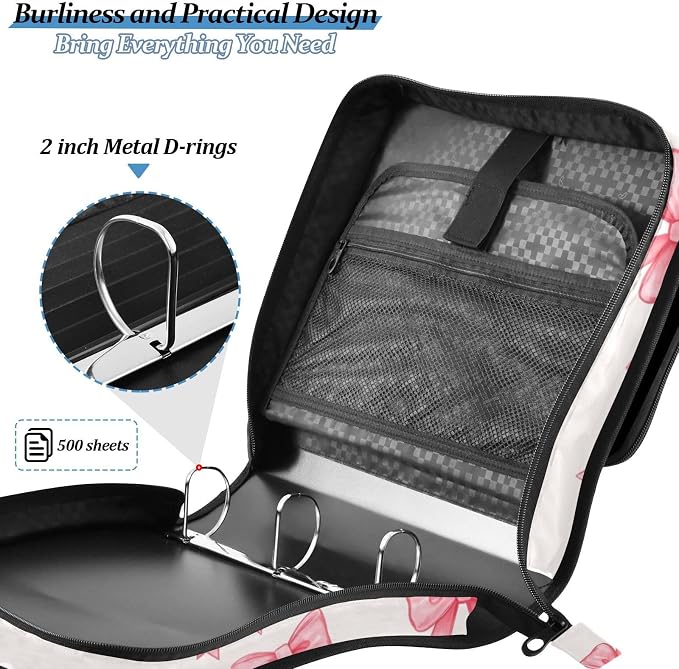 3 Ring Zipper Binder with Shoulder Strap Pink Bows Red 2 Inch Zippered Binder Bag 500 Sheet Capacity Multi Pockets for School Supplies