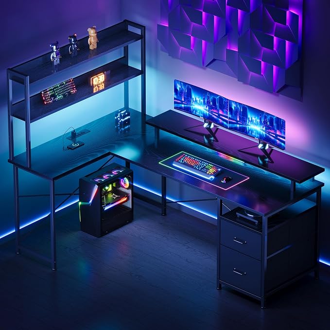 L Shaped Gaming Desk, Reversible with LED Lights, Shelves, Charging, Black | Reversible, LED lights, Charging, Monitor stand