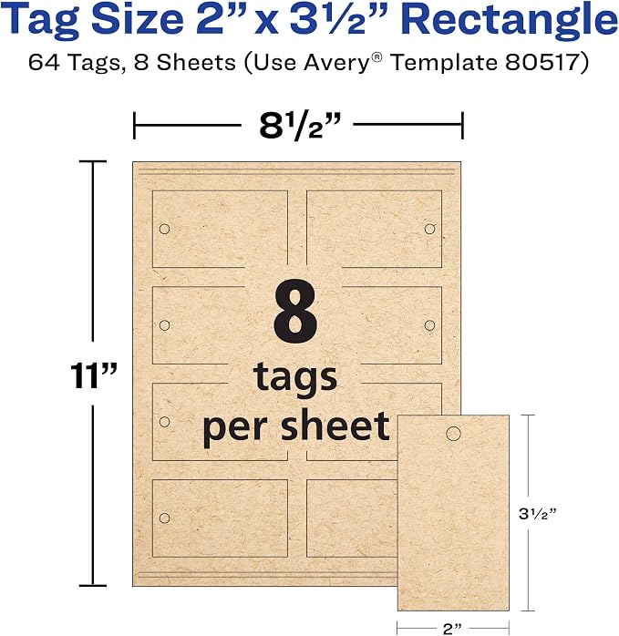 Avery Kraft Brown Rectangle Tags, Sure Feed Technology, 2" x 3.5", Laser/Inkjet Printable, 64 Total, Strings Included, Also Great for Gifts and Favors (80517)