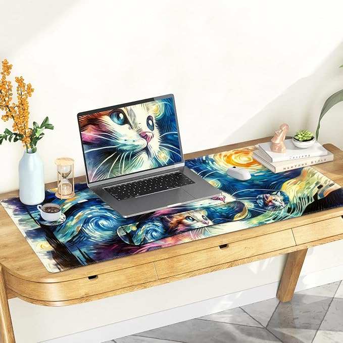Large Gaming Mouse Pad Set, 4 in 1 Ergonomics Keyboard Desk Mat Memory Foam Wrist Rest, Computer PC Extended Game Mousepad, Non-Slip Desk Matt Easy Typing Pain Relief I Starry Night Art Cat