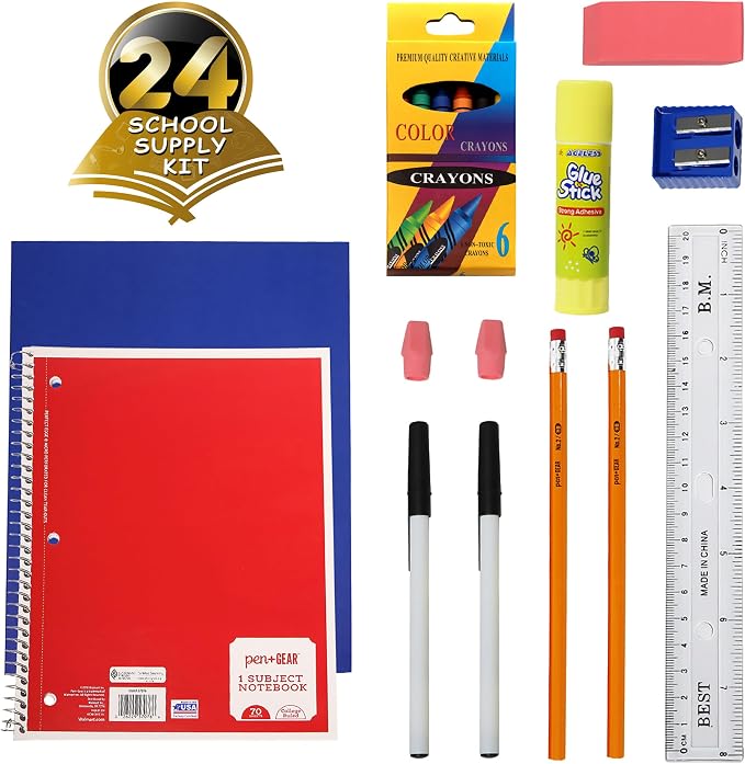 Moda West 24 Pack Bulk School Supplies 18 Piece Kit - Pens, Pencils, Crayons, and More - Essential Box of School Supplies for Elementary, Middle, and High School Students