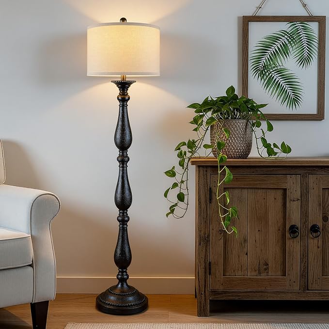 Vintage Floor Lamp for Living Room, Rustic Farmhouse Standing Lamp with Rotary Switch and Linen Shade, Retro Resin Floor Lamp for Bedroom, Corner, Dining Room, House Decor, Black