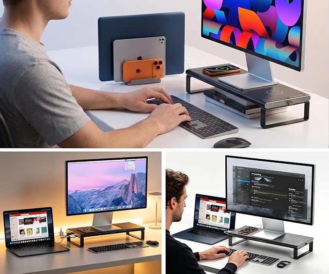 YICOSUN Monitor Stand HUB - Aluminum Riser with 6-in-1 Docking Station: 4K HDMI, USB-C, USB 3.0, PD 100W, Wireless Charging, Drawer Organizer - Black